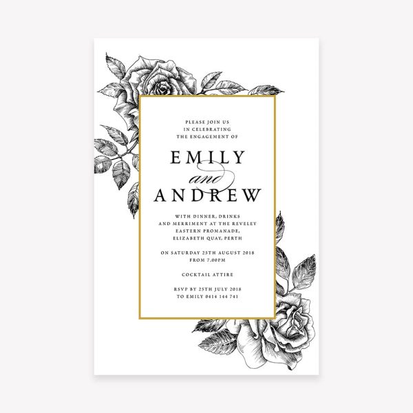 Engagement Invitation with illustrated black florals