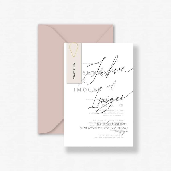 Layered simplicity wedding invitation with nude shimmer envelope