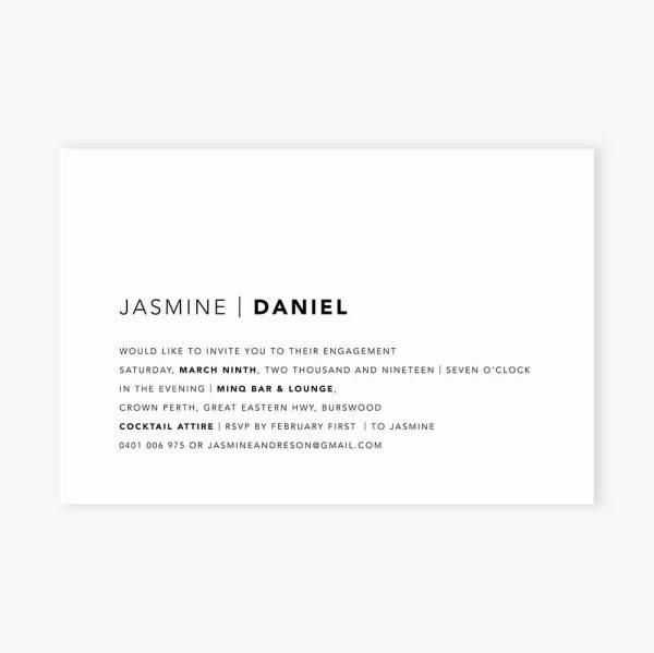 Engagement Invitation with minimalist typography in black on white
