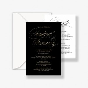Regal Gold foil wedding invitation with gold foil traditional script on black card