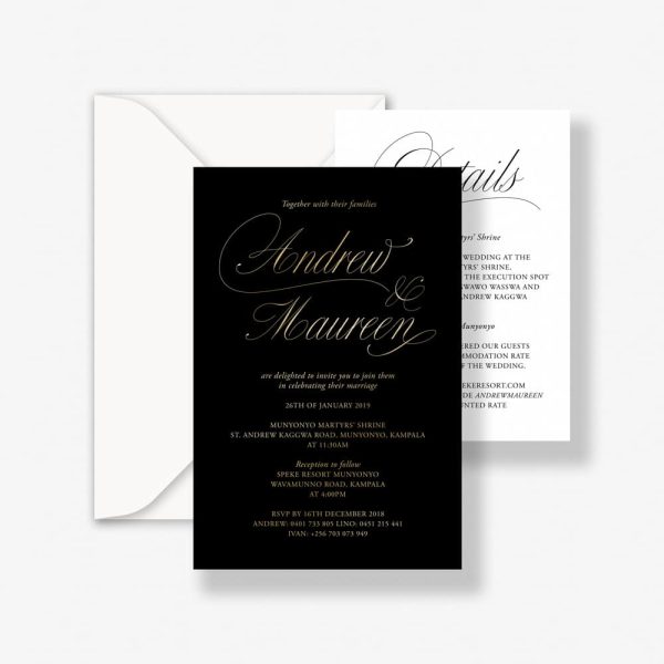 Regal Gold foil wedding invitation with gold foil traditional script on black card