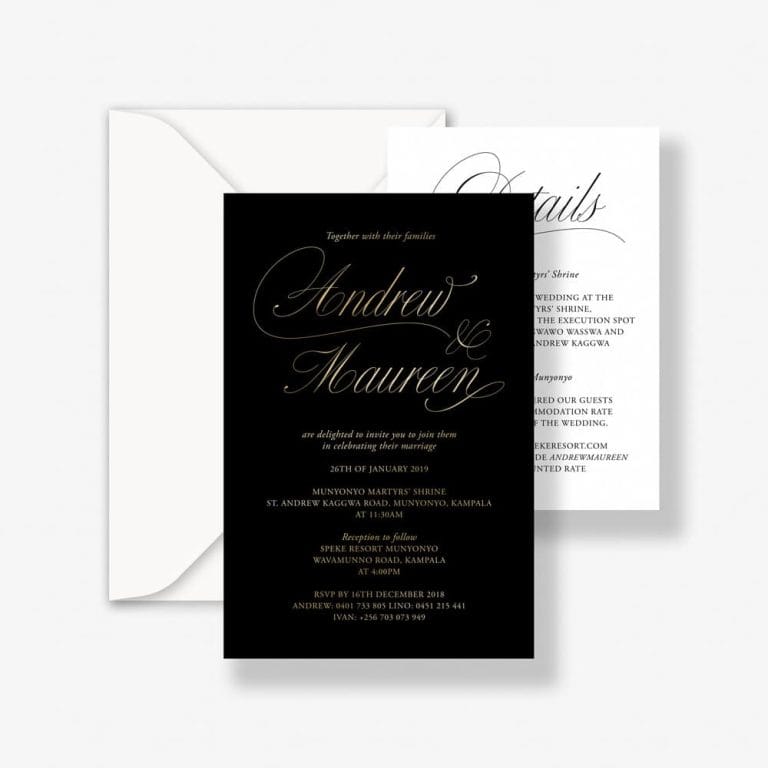 Regal Gold foil wedding invitation with gold foil traditional script on black card