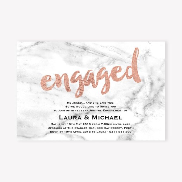 Engagement invitation with rose gold text and white marble background