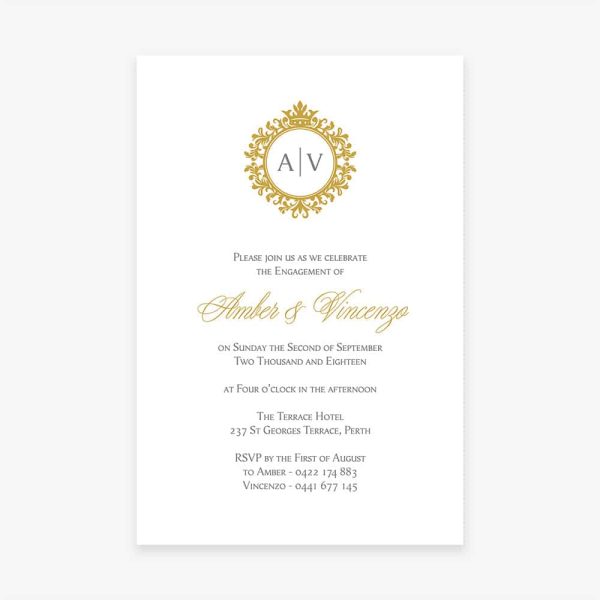 Engagement Invitation with traditional gold monogram