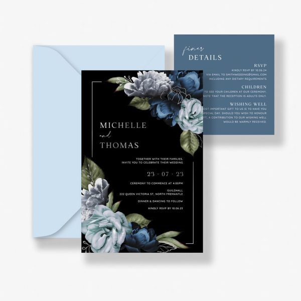 Silver Moody blooms wedding invitation, with shining silver foil, on a moody background with blue florals. With a matching blue details card, printed in white ink