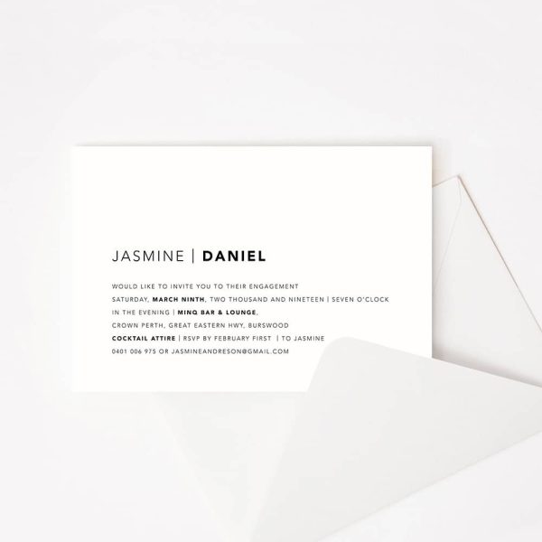 Engagement Invitation with minimalist typography in black on white