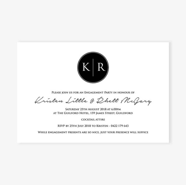 Engagement Invitation with black monogram in black on white