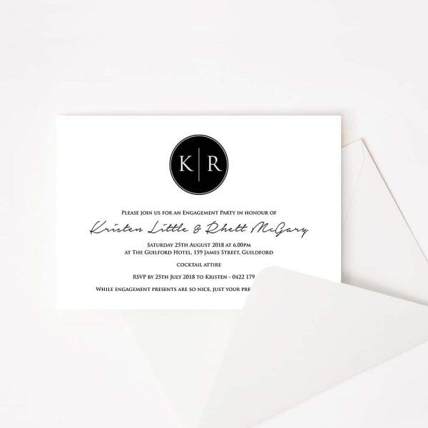 Engagement Invitation with black monogram in black on white