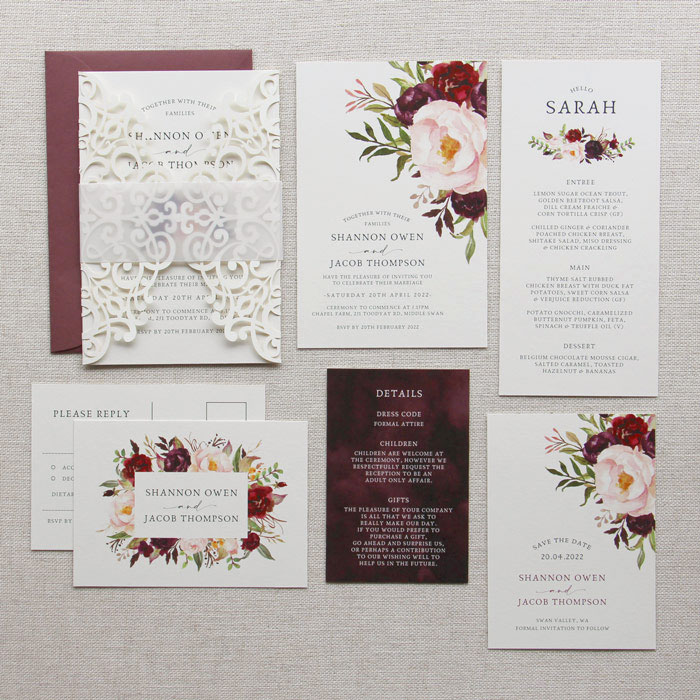 Lasercut Burgundy Wedding Invitation