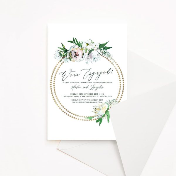 Engagement invitation with florals and gold ring border