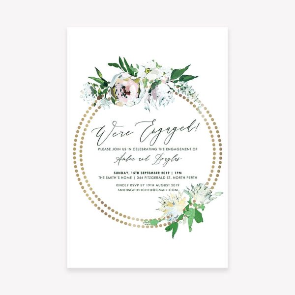 Engagement invitation with florals and gold ring border