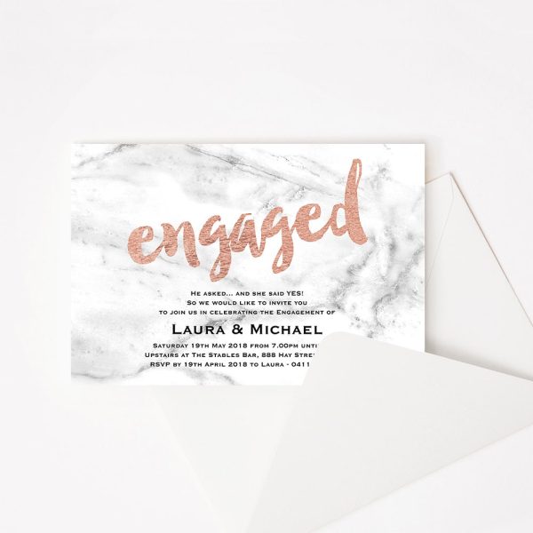 Engagement invitation with rose gold text and white marble background