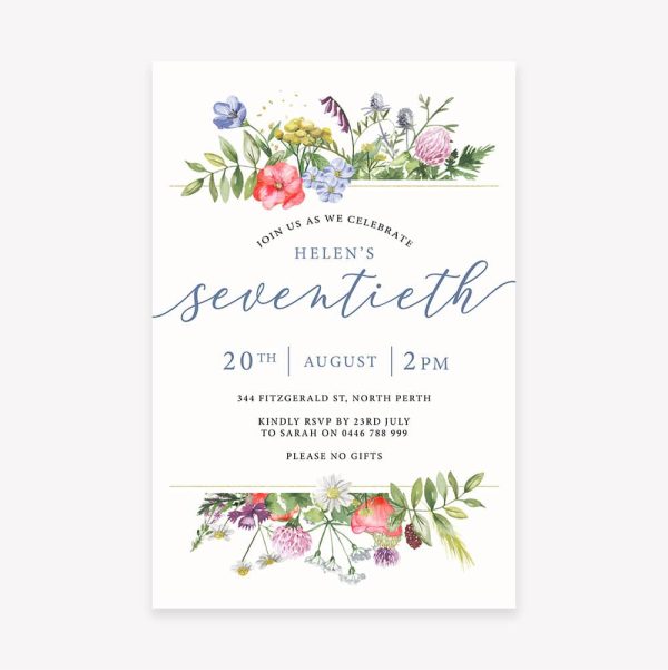 Adult Birthday Invitation with soft floral top and bottom border and blue script text