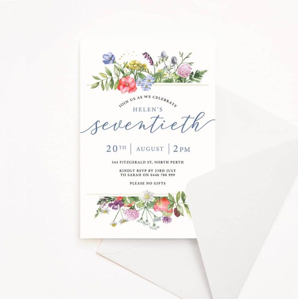 Adult Birthday Invitation with soft floral top and bottom border and blue script text