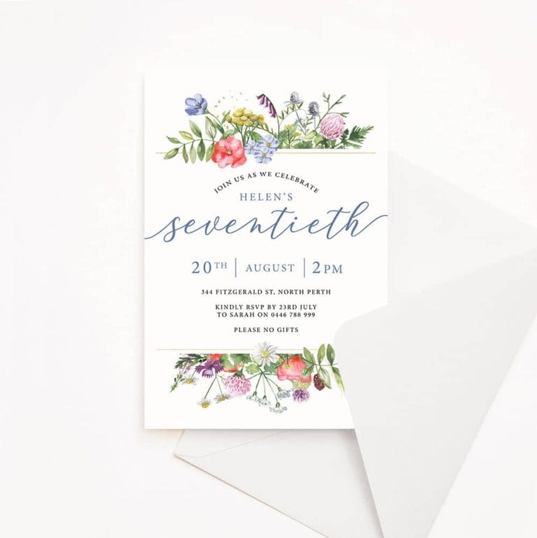 Adult Birthday Invitation with soft floral top and bottom border and blue script text