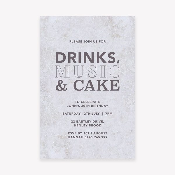 Adult Birthday Invitation with with stone background and bold grey text