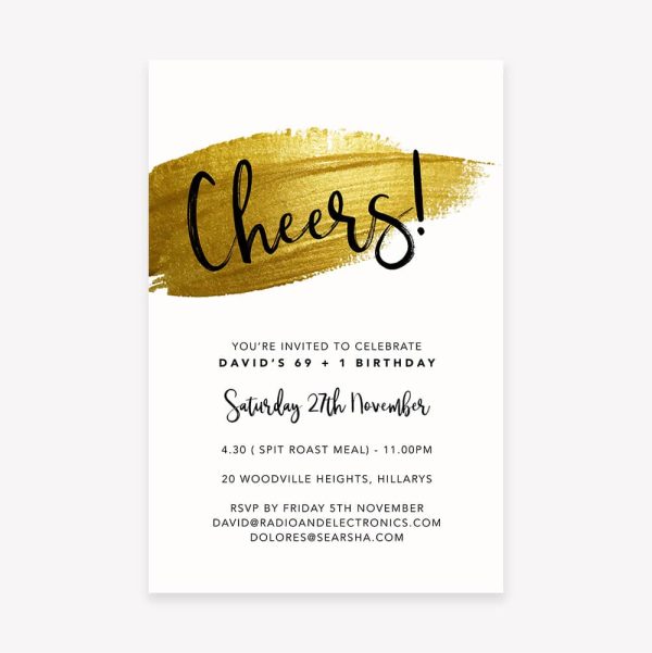 Adult birthday invitation with gold paint wipe and white background
