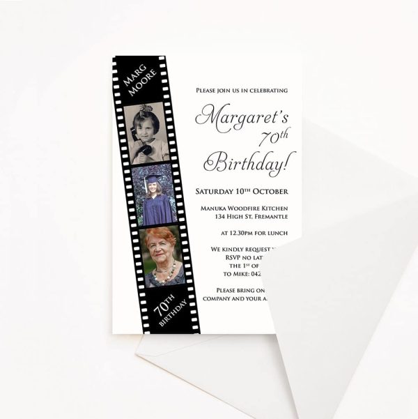 Adult birthday party invitation with film strip image with photos of the birthday person