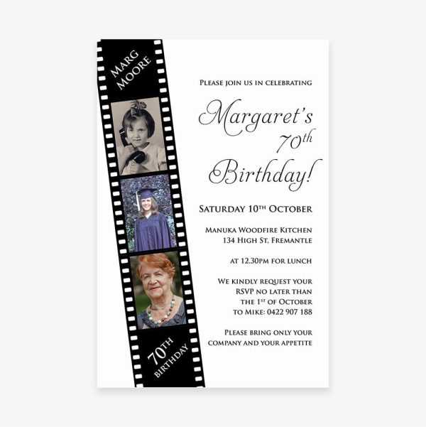 Adult birthday party invitation with film strip image with photos of the birthday person