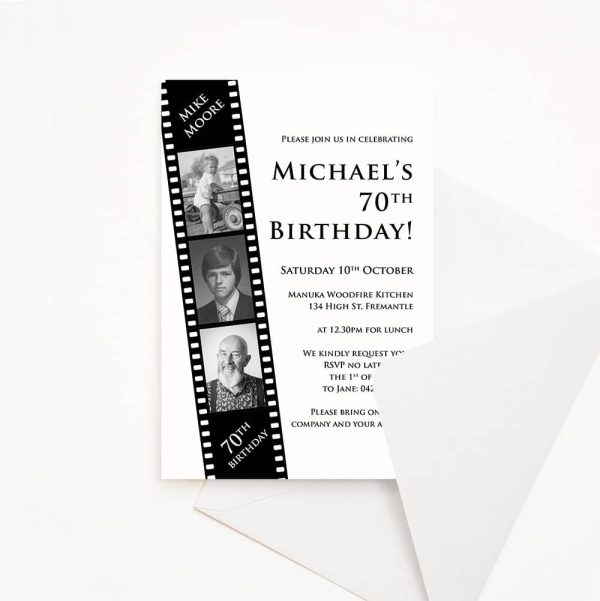 Adult birthday party invitation with film strip image with photos of the birthday person