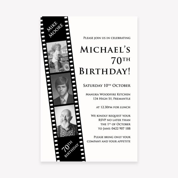 Adult birthday party invitation with film strip image with photos of the birthday person