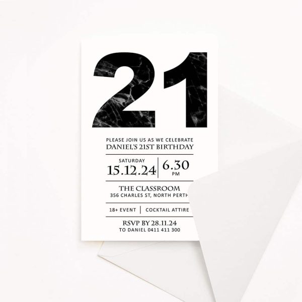 Adult Birthday invitation for 21st with black marble bold text