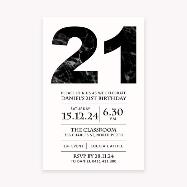Adult Birthday invitation for 21st with black marble bold text
