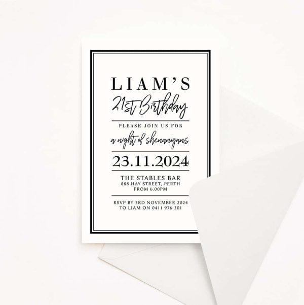 Adult Birthday invitation for 21st with black border and white background