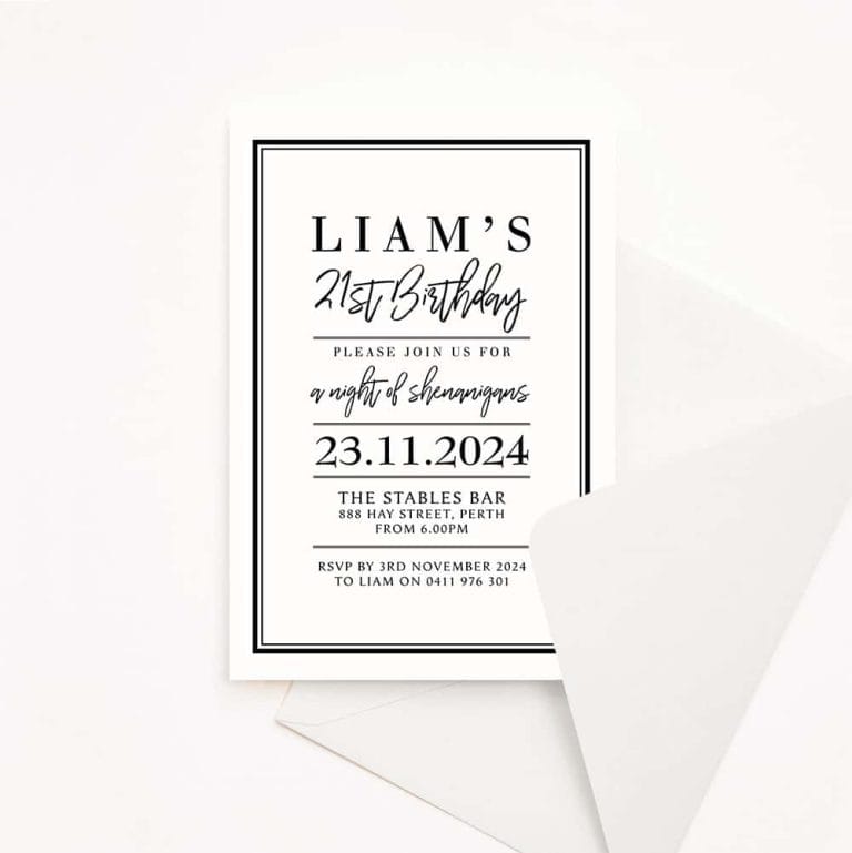 Adult Birthday invitation for 21st with black border and white background