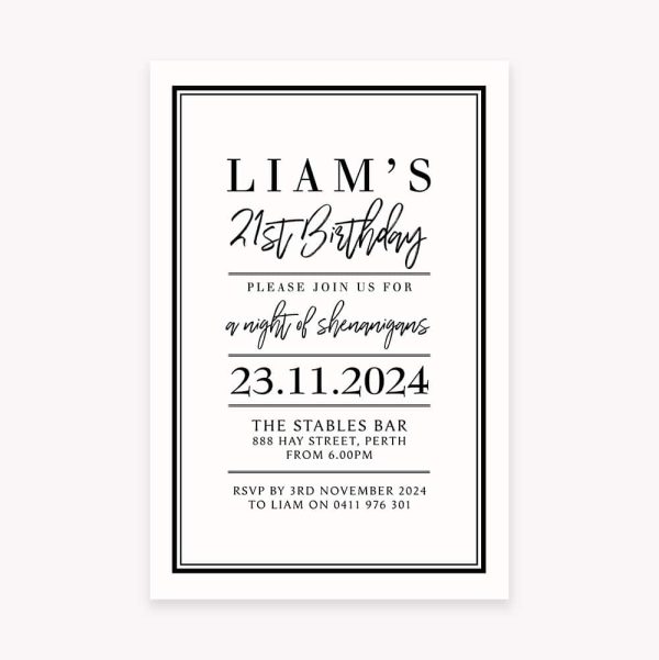 Adult Birthday invitation for 21st with black border and white background