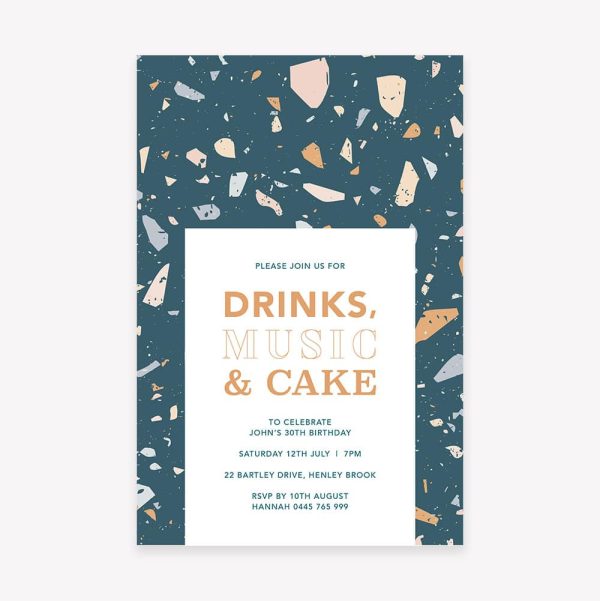 Adult birthday party invitation with terrazzo blue background and bold orange text in a white box