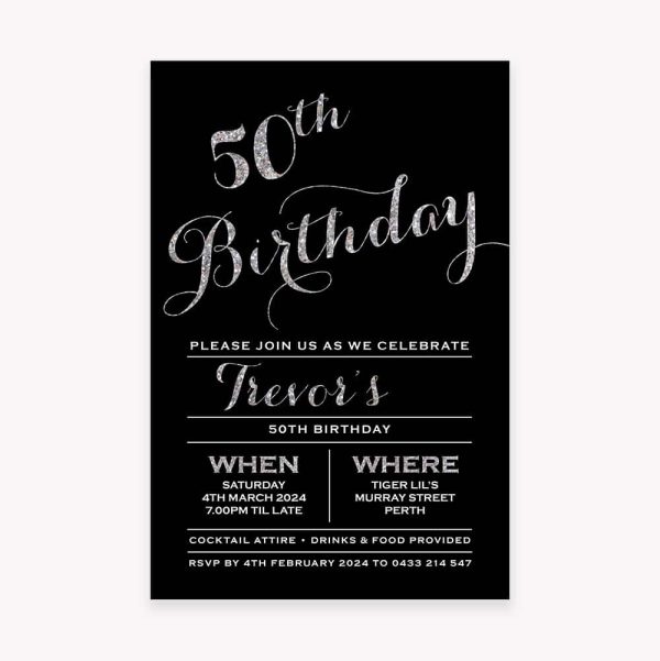 Adult Birthday Invitation with black background and silver glitter script writing