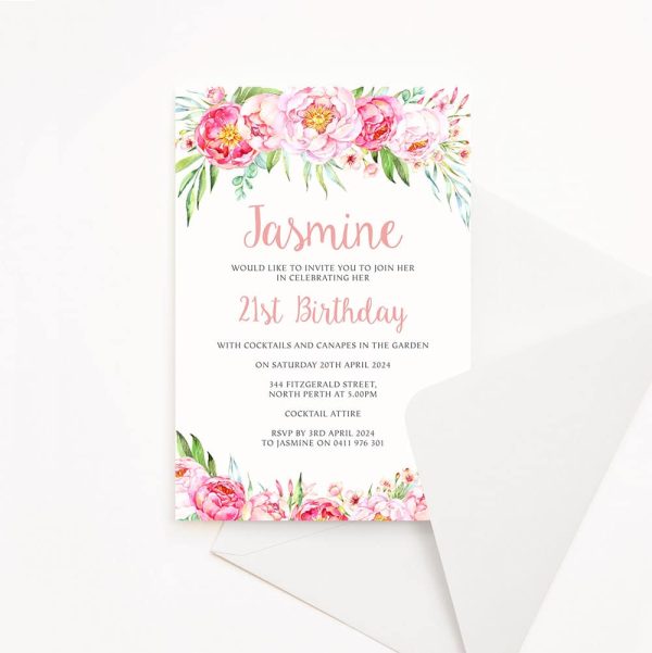 Adult birthday party invitation with white background and bright pink flowers top and bottom