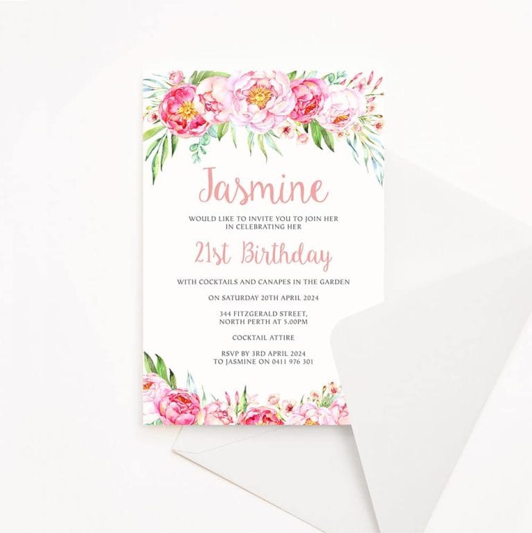 Adult birthday party invitation with white background and bright pink flowers top and bottom