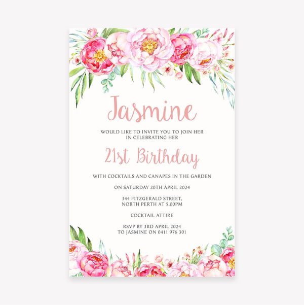 Adult birthday party invitation with white background and bright pink flowers top and bottom