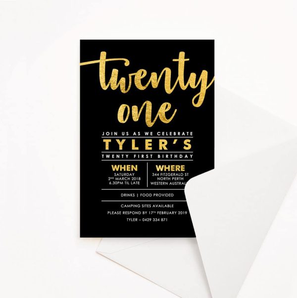 Adult birthday party invitation for a 21st with black background and bold, gold text