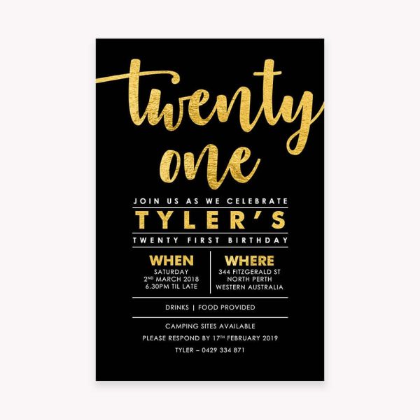 Adult birthday party invitation for a 21st with black background and bold, gold text