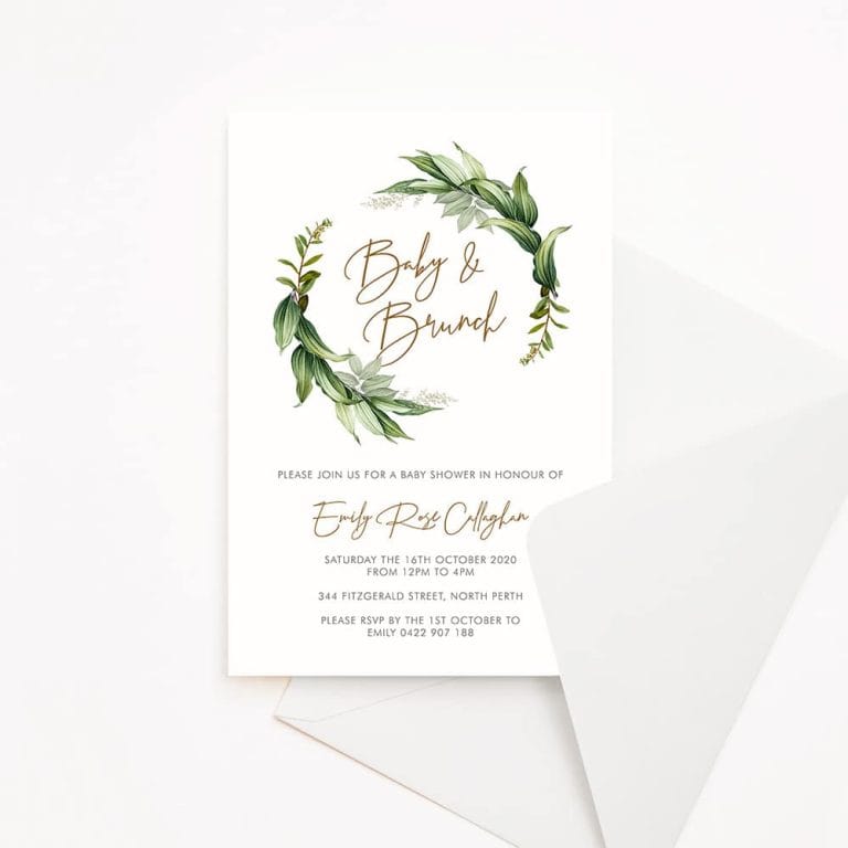 Baby shower invitation with leaf wreath