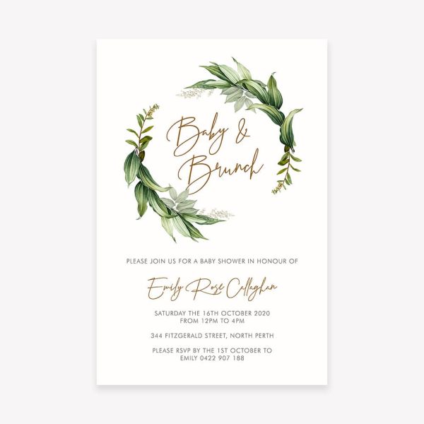 Baby shower invitation with leaf wreath