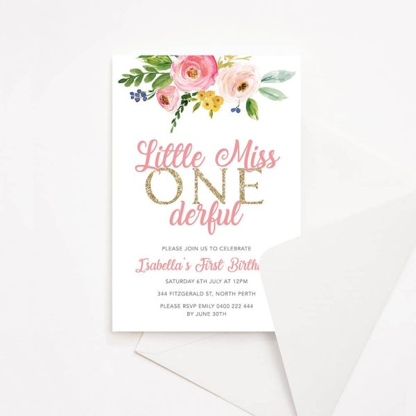 Kids birthday party invitation with pink watercolour florals and glitter text