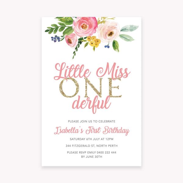 Kids birthday party invitation with pink watercolour florals and glitter text