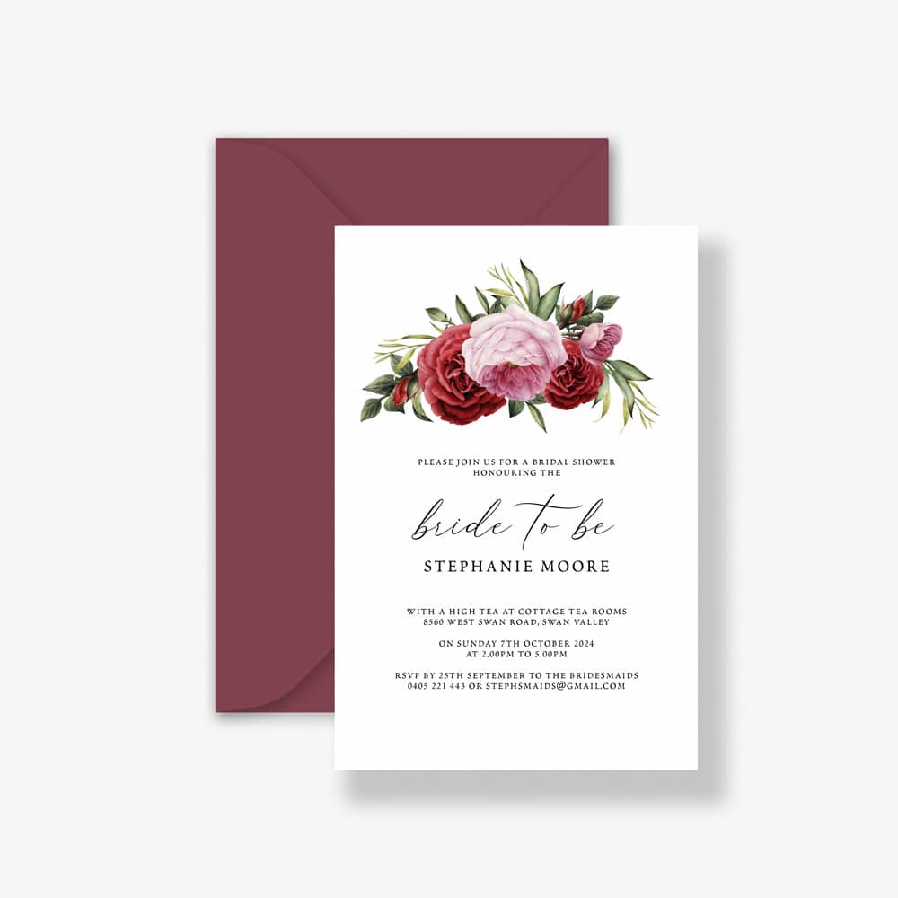 Berry florals bridal shower invitation with burgundy flowers