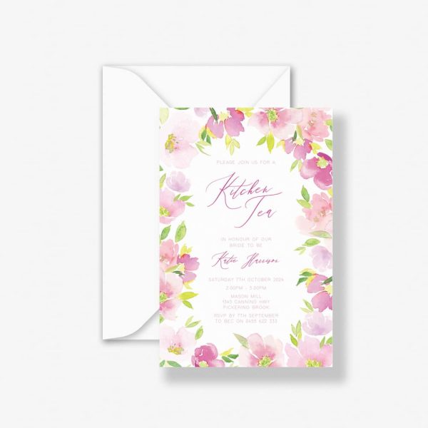 berry Garden Bridal Shower Invitation with pink watercolour flower border