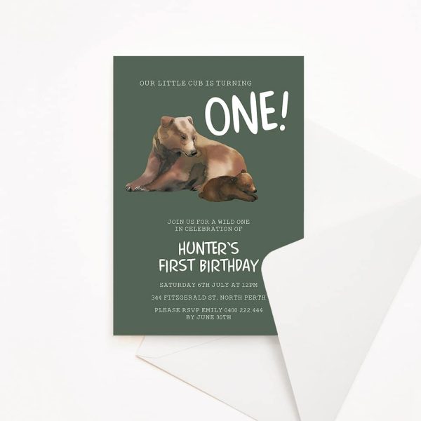 Baby Birthday Party Invitation with Bear cub and green background