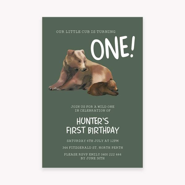 Baby Birthday Party Invitation with Bear cub and green background