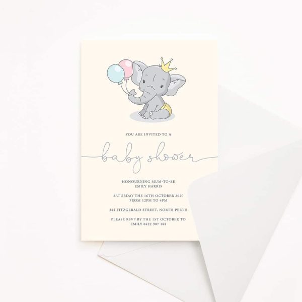Baby shower invitation with cream background and pastel baby elephant with balloons