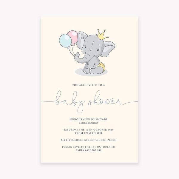 Baby shower invitation with cream background and pastel baby elephant with balloons
