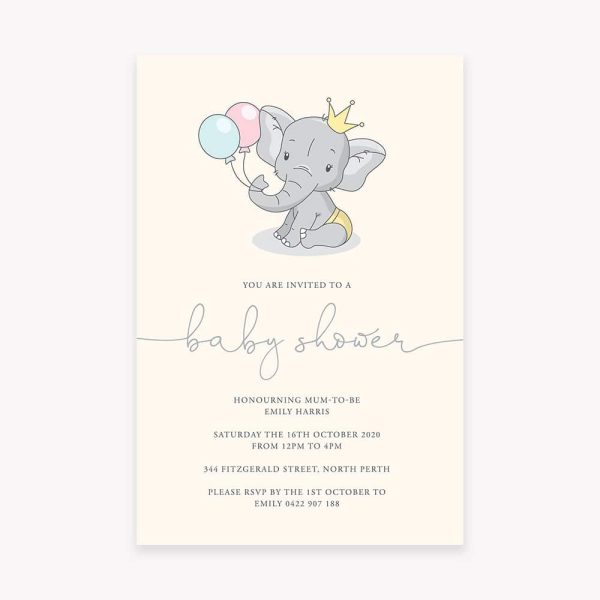 Baby shower invitation with cream background and pastel baby elephant with balloons