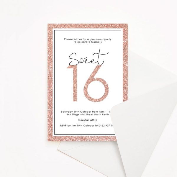 Sweet Sixteen Pink Glitter Birthday Invitation. Teen Birthday Party Invitation Sweet Sixteen Pink Glitter