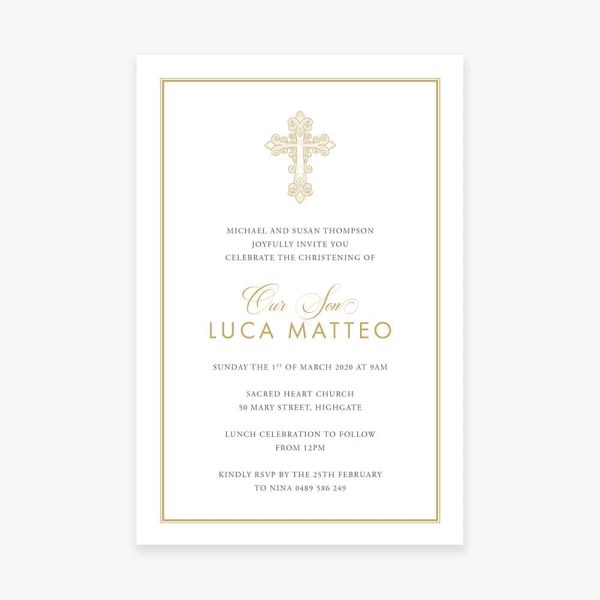 Gold Cross Christening Invitation